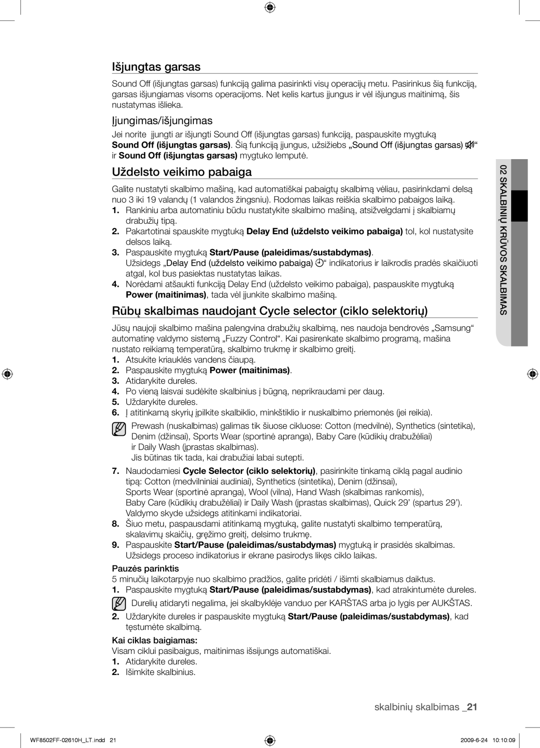 Samsung WF8502FFC/YLR manual Išjungtas garsas, Rūbų skalbimas naudojant Cycle selector ciklo selektorių 