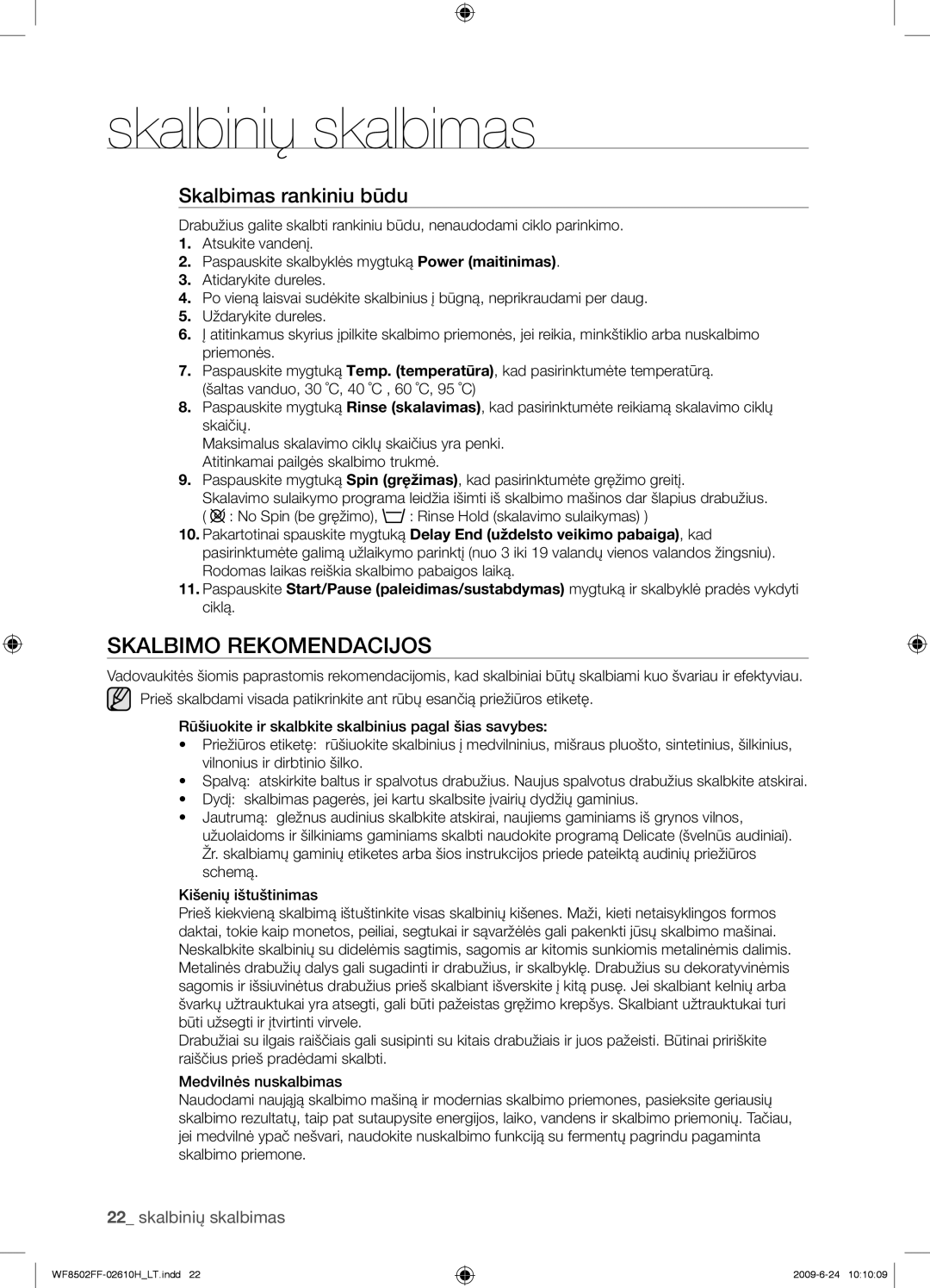 Samsung WF8502FFC/YLR manual Skalbimo Rekomendacijos, Skalbimas rankiniu būdu 