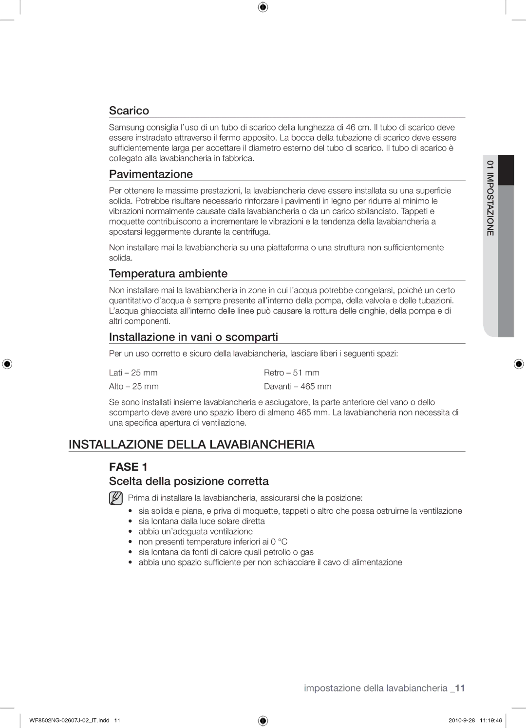 Samsung WF8502NGV/XET manual Installazione Della Lavabiancheria 