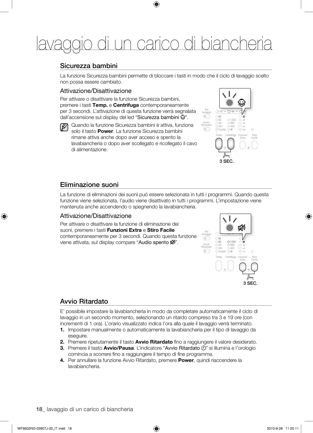 Samsung WF8502NGV/XET manual Sicurezza bambini, Eliminazione suoni 