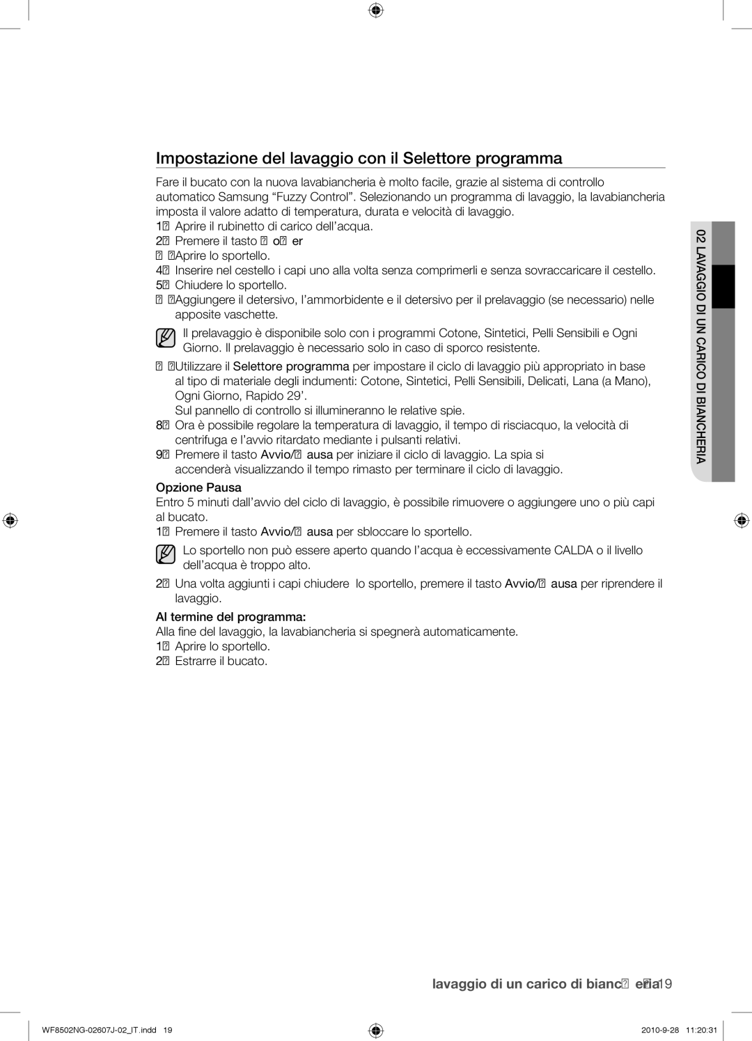 Samsung WF8502NGV/XET manual Impostazione del lavaggio con il Selettore programma 