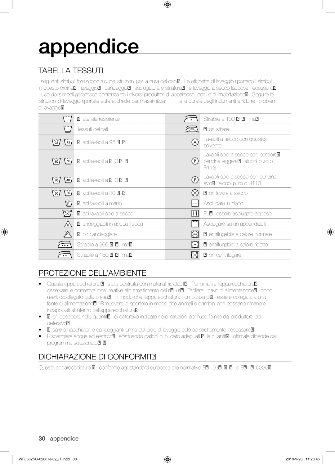 Samsung WF8502NGV/XET manual Appendice, Tabella Tessuti, Protezione DELL’AMBIENTE, Dichiarazione DI Conformità 