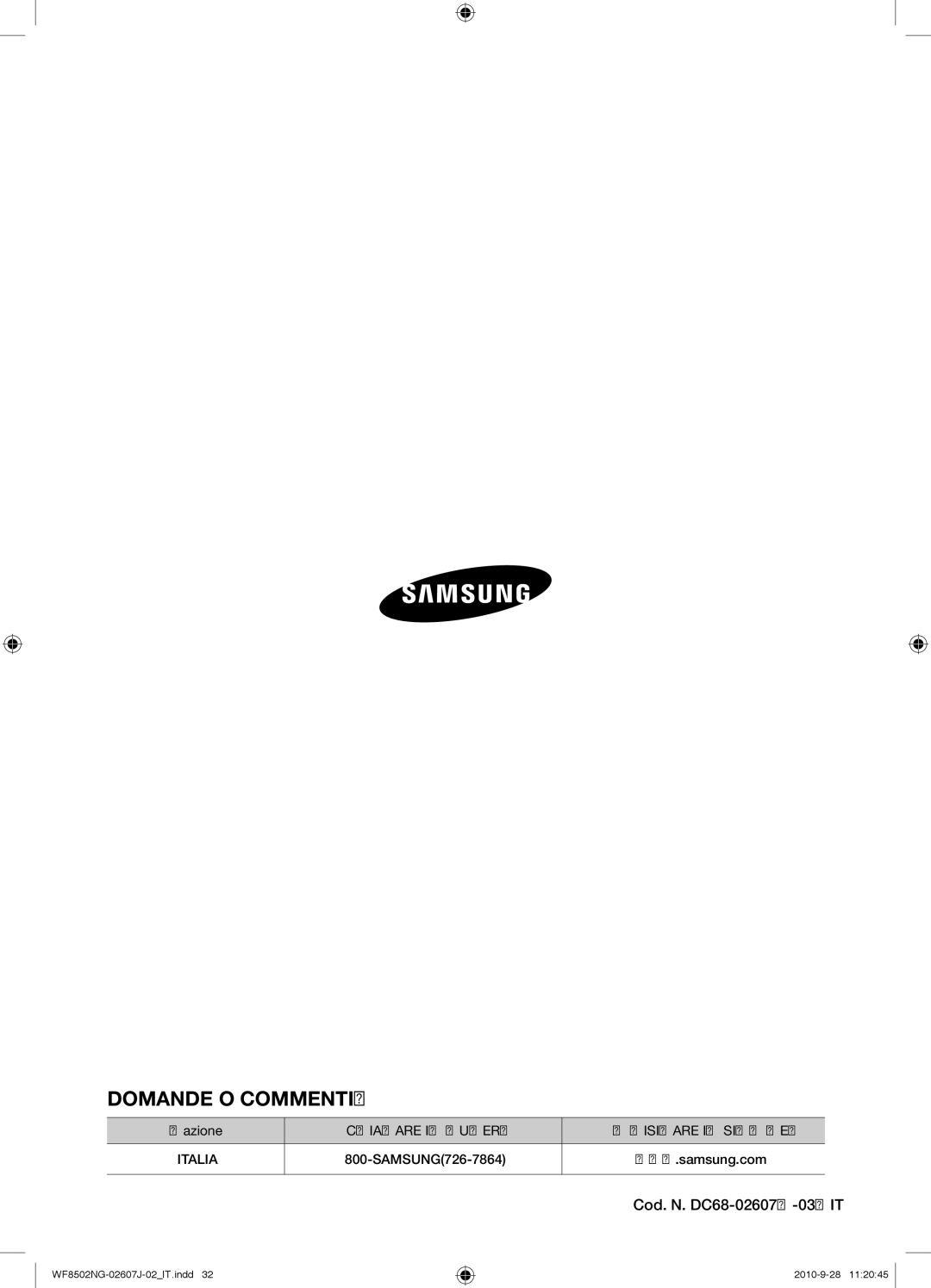 Samsung WF8502NGV/XET manual Domande O COMMENTI? 