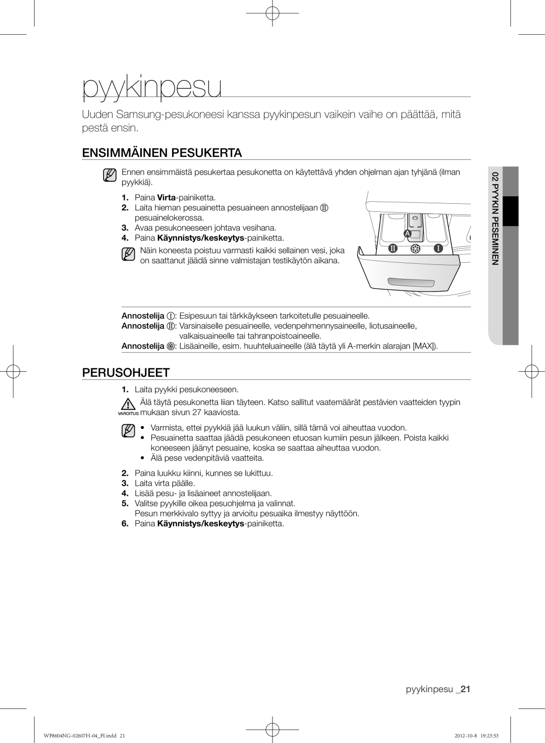 Samsung WF8604NGW/XEE, WF8502NGW/XEE, WF8604NGV/XEE Pyykinpesu, Ensimmäinen pesukerta, Perusohjeet, Peseminen 02 Pyykin 