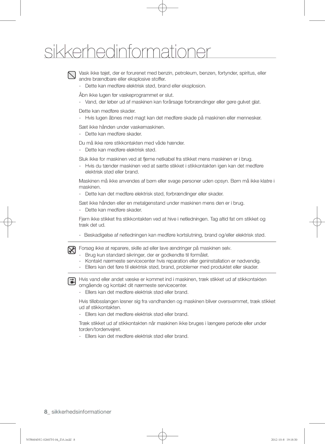 Samsung WF8604NGW/XEE, WF8502NGW/XEE, WF8604NGV/XEE manual Sikkerhedinformationer 