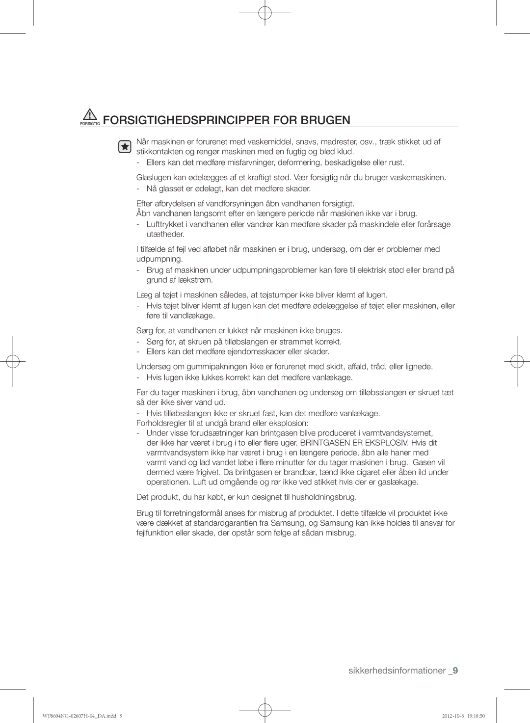 Samsung WF8502NGW/XEE, WF8604NGV/XEE, WF8604NGW/XEE manual Forsigtig Forsigtighedsprincipper for Brugen 