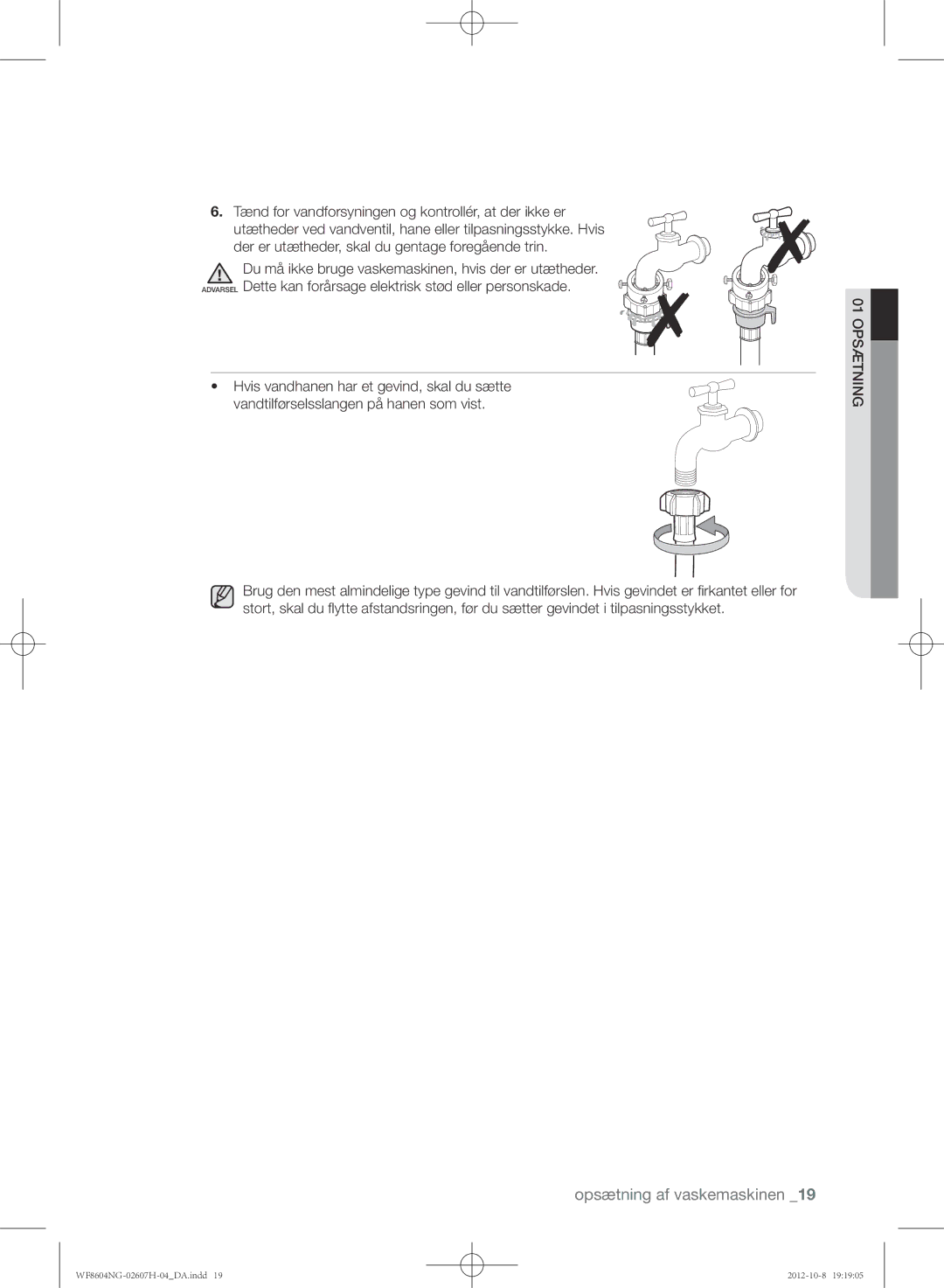 Samsung WF8604NGV/XEE, WF8502NGW/XEE, WF8604NGW/XEE manual Opsætning af vaskemaskinen 