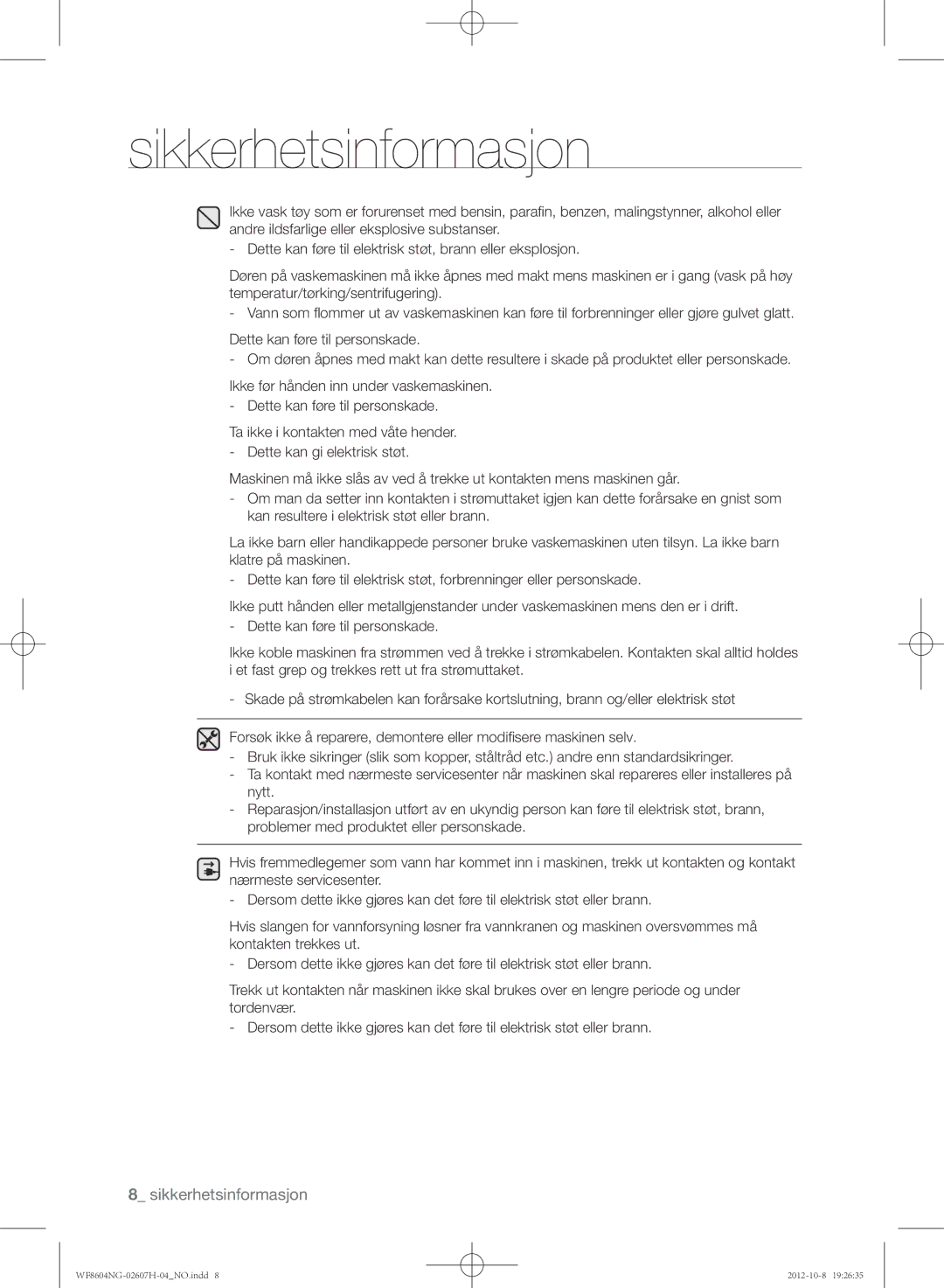 Samsung WF8502NGW/XEE, WF8604NGV/XEE, WF8604NGW/XEE manual Sikkerhetsinformasjon 