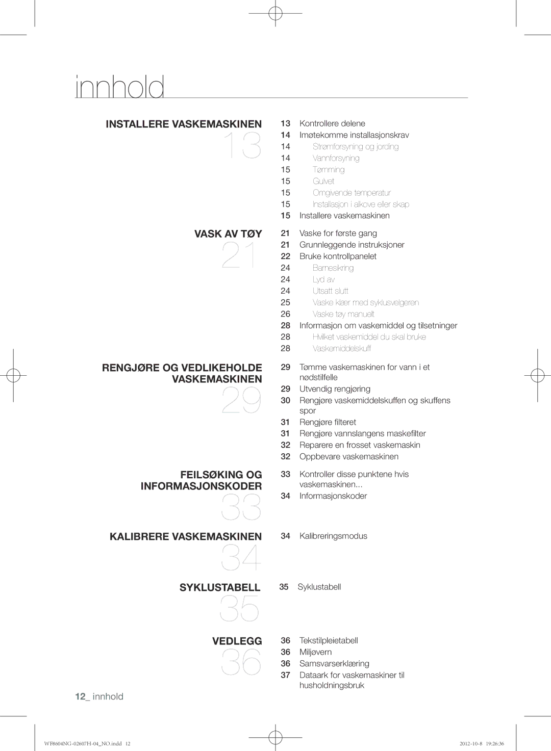 Samsung WF8604NGV/XEE, WF8502NGW/XEE, WF8604NGW/XEE manual Innhold 