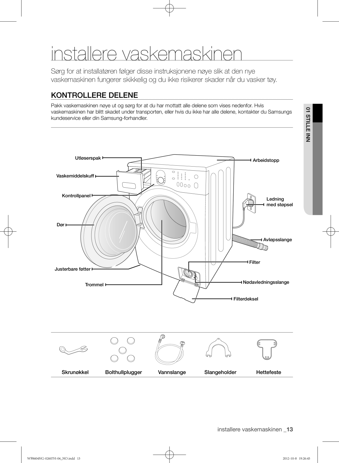 Samsung WF8604NGW/XEE, WF8502NGW/XEE, WF8604NGV/XEE manual Installere vaskemaskinen, Kontrollere delene 