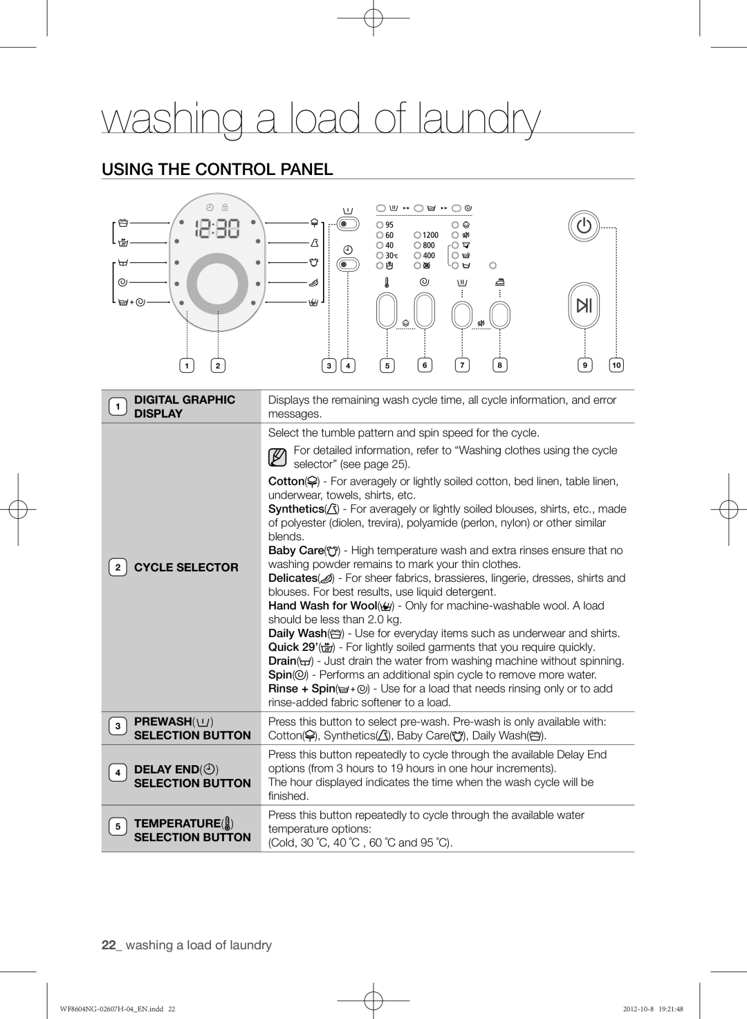 Samsung WF8604NGV/XEE, WF8502NGW/XEE, WF8604NGW/XEE manual Using the control panel, Prewash, Selection Button, Temperature 