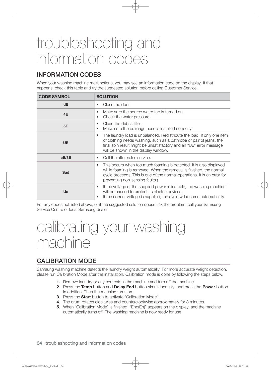 Samsung WF8604NGV/XEE manual Calibrating your washing machine, Information codes, Calibration mode, Code Symbol Solution 