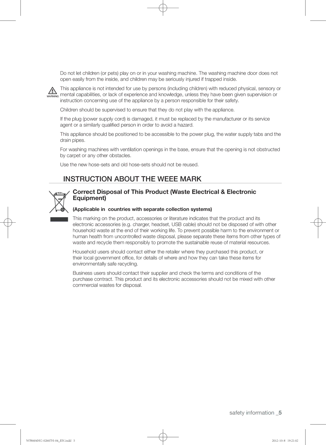 Samsung WF8604NGW/XEE manual Instruction about the Weee mark, Applicable in countries with separate collection systems 