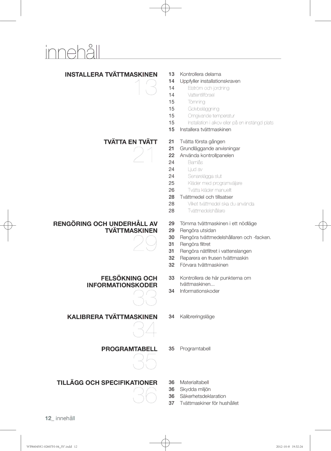 Samsung WF8604NGV/XEE, WF8502NGW/XEE, WF8604NGW/XEE manual Innehåll 