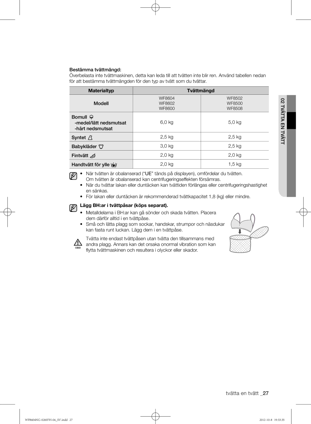 Samsung WF8604NGV/XEE, WF8502NGW/XEE, WF8604NGW/XEE manual Materialtyp Tvättmängd, Modell 