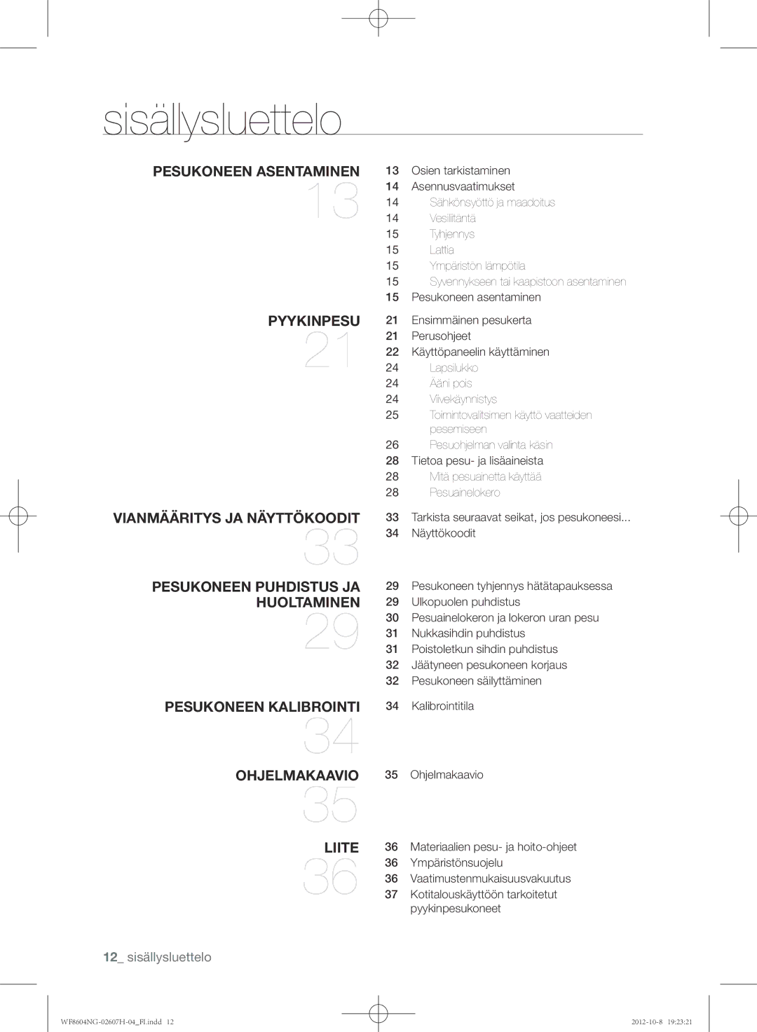 Samsung WF8604NGW/XEE, WF8502NGW/XEE, WF8604NGV/XEE manual Sisällysluettelo, 12 sisällysluettelo 