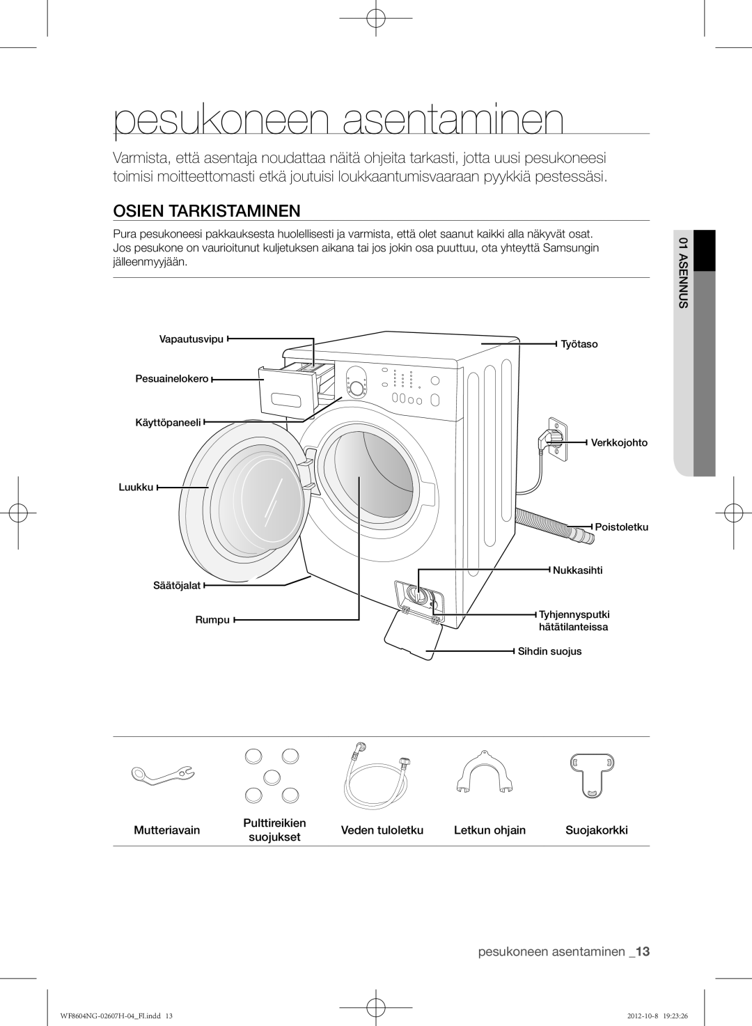 Samsung WF8502NGW/XEE, WF8604NGV/XEE, WF8604NGW/XEE manual Pesukoneen asentaminen, Osien tarkistaminen 