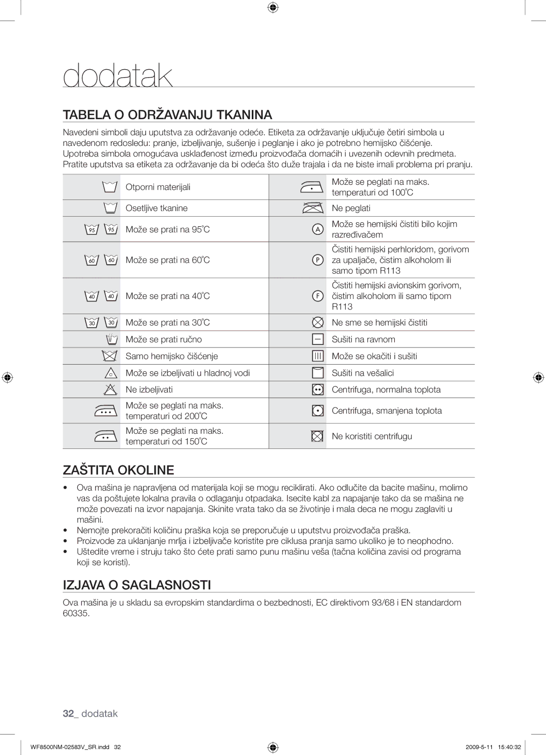 Samsung WF8508NMW8/YLE, WF8500NMW8/YLE manual Dodatak, Tabela O Održavanju Tkanina, Zaštita Okoline, Izjava O Saglasnosti 