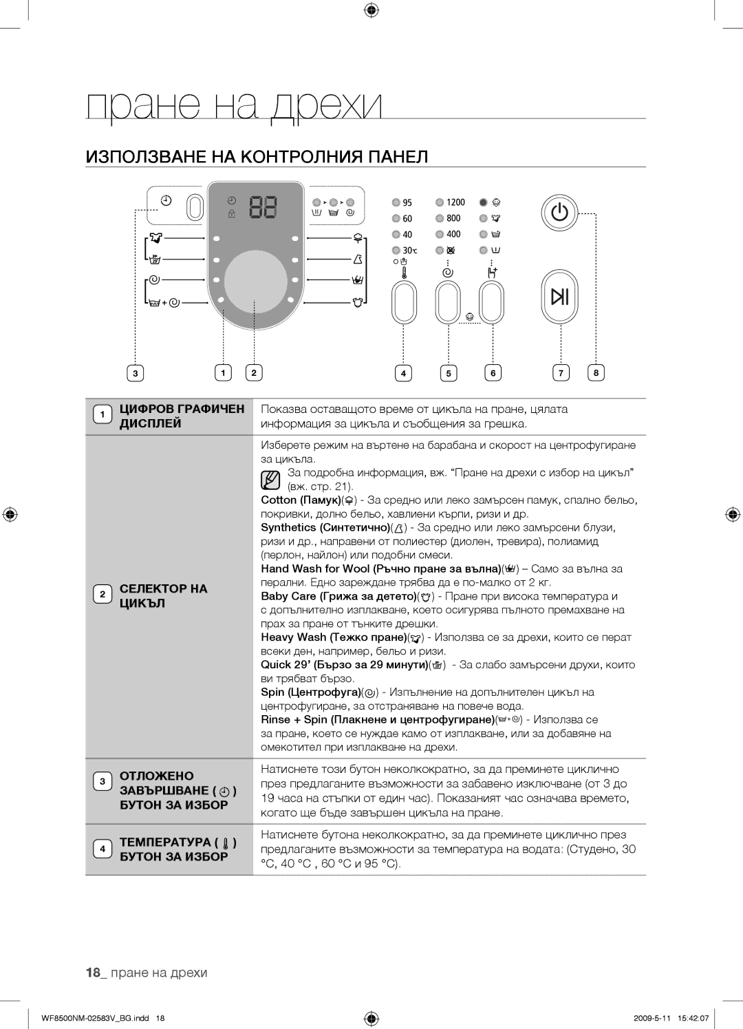 Samsung WF8508NMW8/XEH, WF8508NMW8/YLE, WF8500NMW8/YLE, WF8500NMW8/XEH manual Използване НА Контролния Панел 