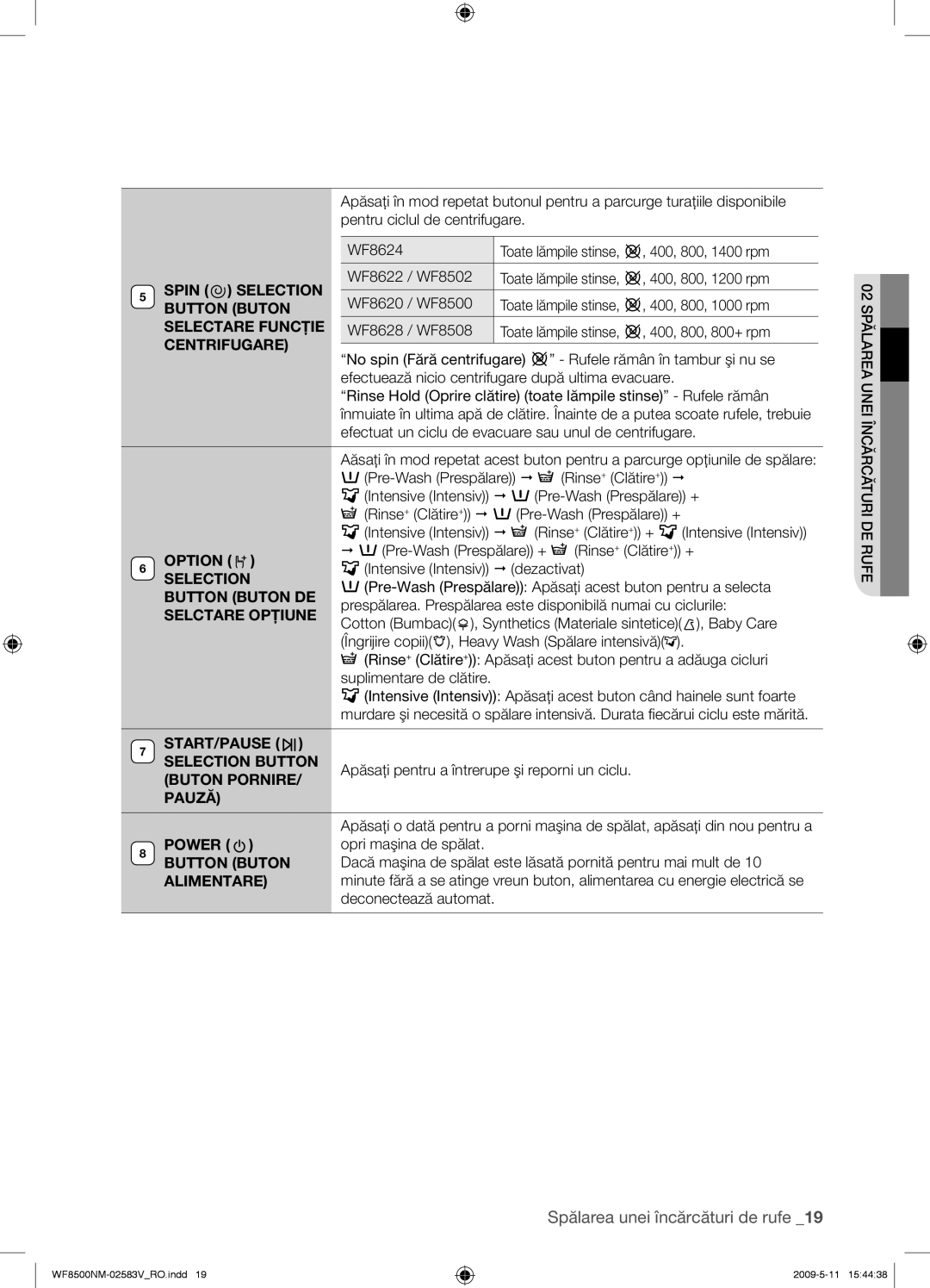 Samsung WF8500NMW8/XEH Spin Selection, Selectare Funcţie, Centrifugare, Option, Button Buton DE, Selctare Opţiune 