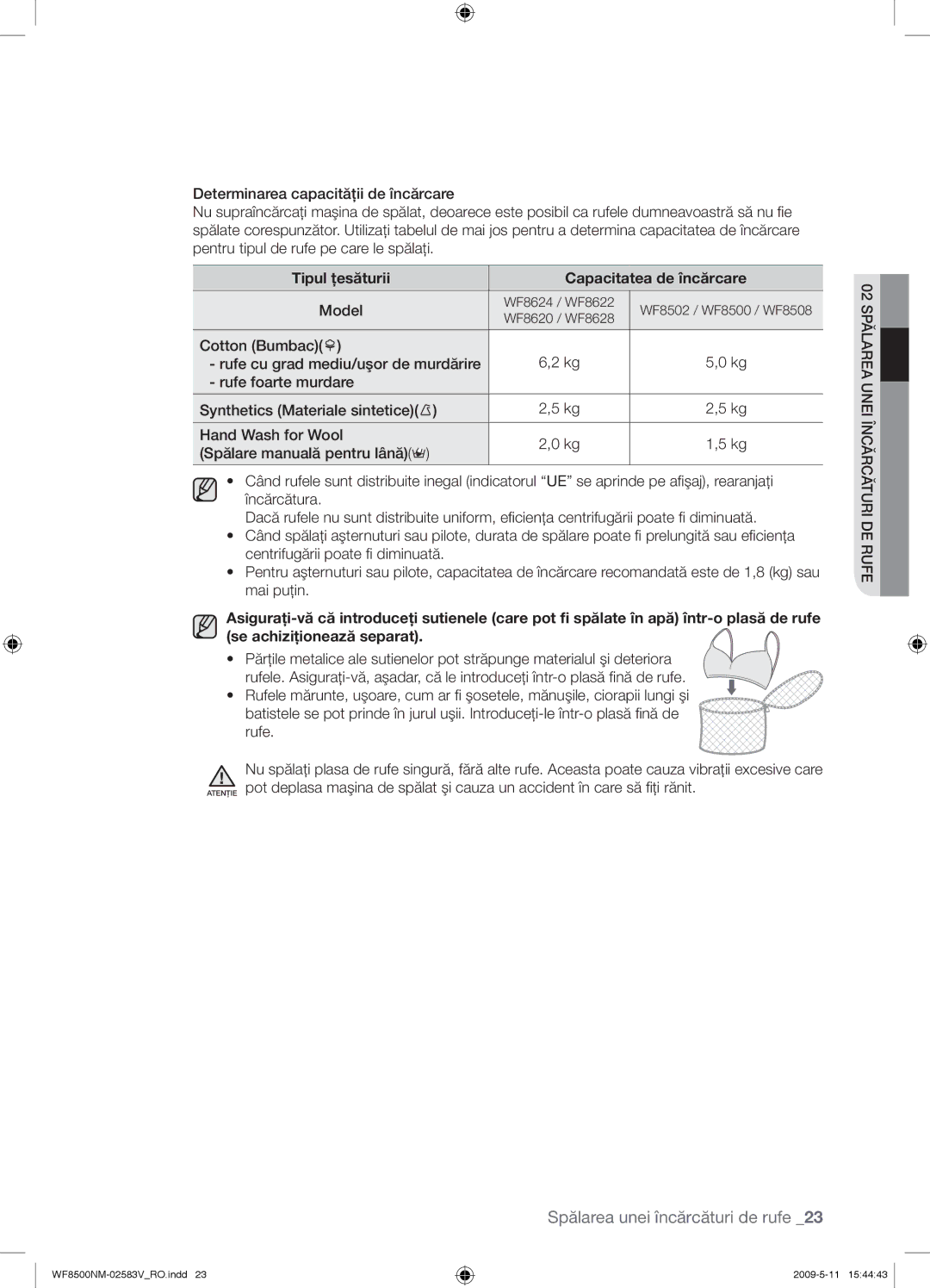 Samsung WF8500NMW8/XEH, WF8508NMW8/YLE, WF8500NMW8/YLE, WF8508NMW8/XEH manual Tipul ţesăturii Capacitatea de încărcare, Model 