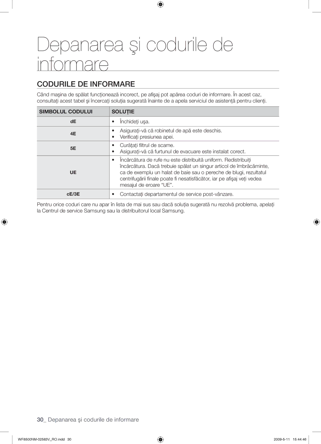 Samsung WF8508NMW8/XEH, WF8508NMW8/YLE, WF8500NMW8/YLE, WF8500NMW8/XEH manual Codurile DE Informare, Simbolul Codului Soluţie 