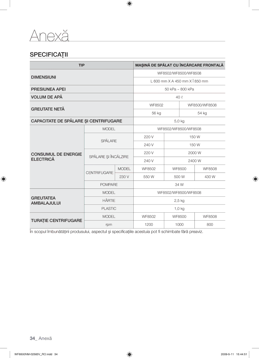 Samsung WF8508NMW8/XEH, WF8508NMW8/YLE, WF8500NMW8/YLE, WF8500NMW8/XEH Consumul DE Energie, Electrică, Turaţie Centrifugare 