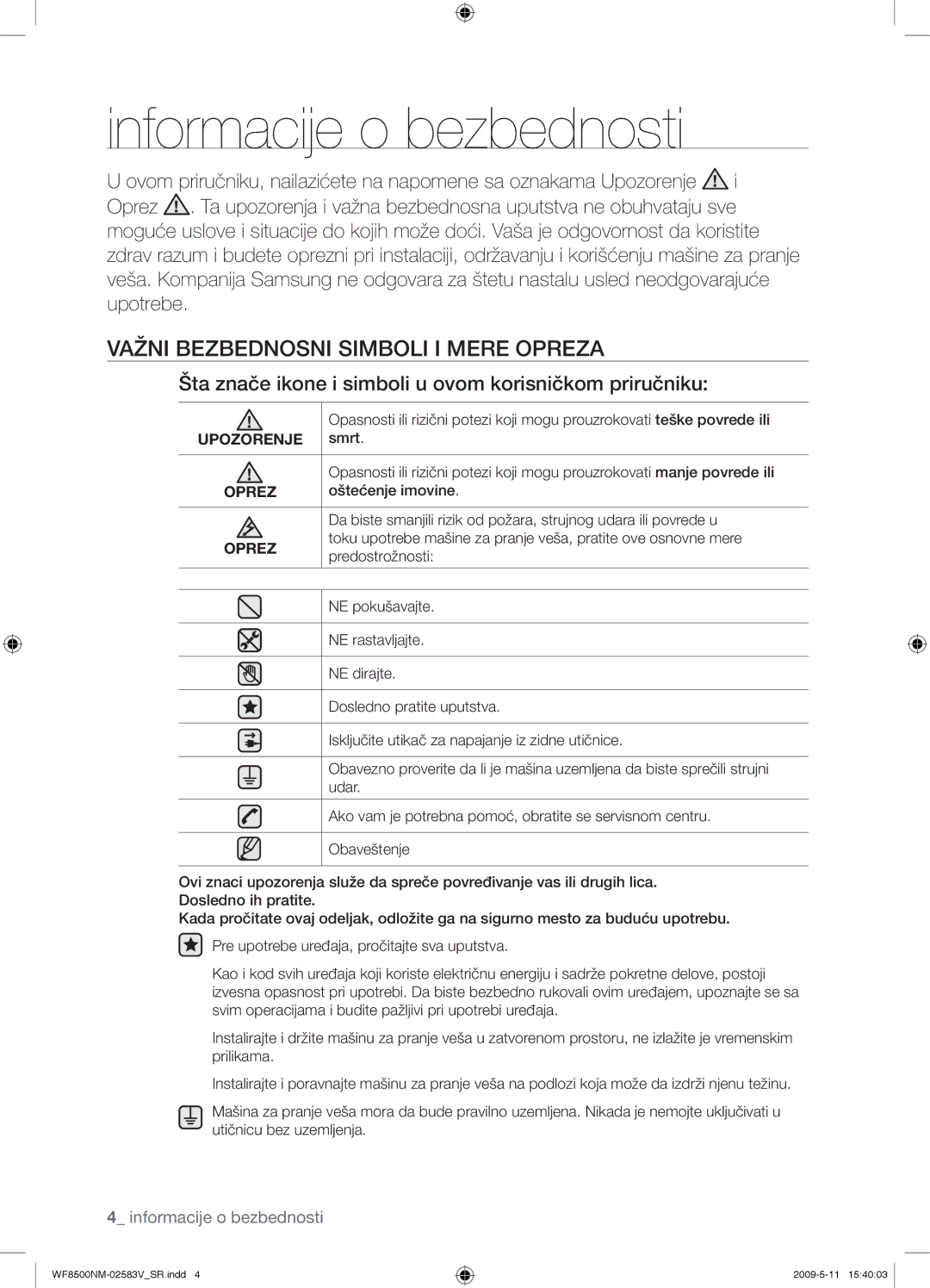 Samsung WF8508NMW8/YLE, WF8500NMW8/YLE manual Informacije o bezbednosti, Važni Bezbednosni Simboli I Mere Opreza, Upozorenje 