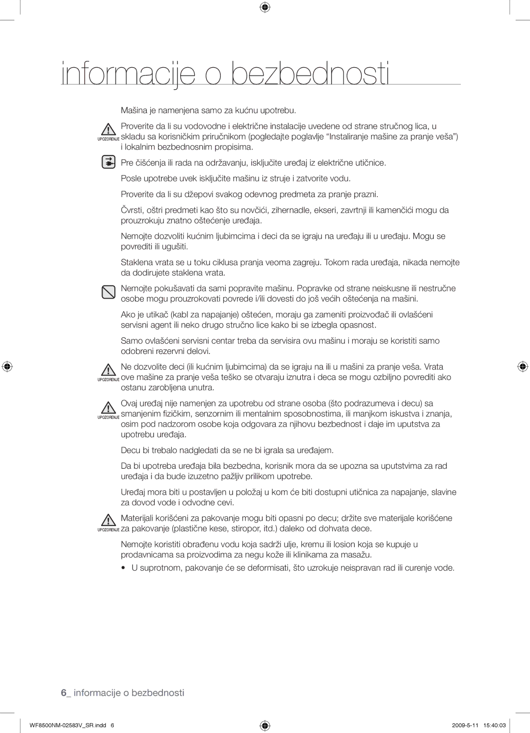 Samsung WF8508NMW8/XEH, WF8508NMW8/YLE, WF8500NMW8/YLE, WF8500NMW8/XEH manual Informacije o bezbednosti 