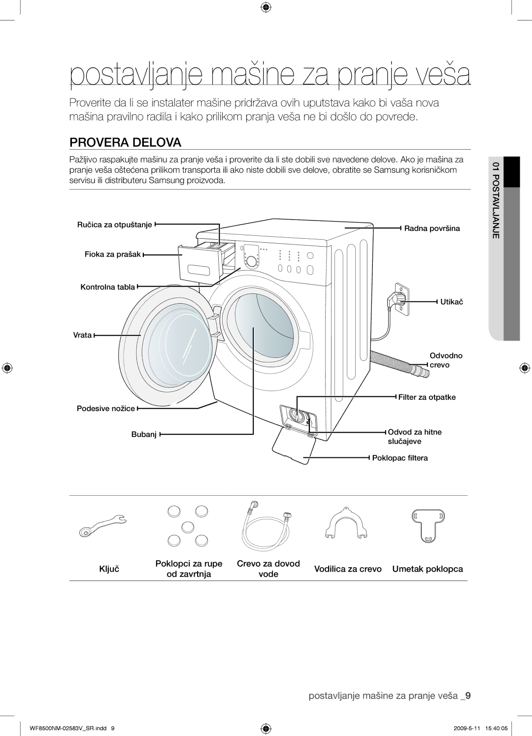 Samsung WF8500NMW8/YLE, WF8508NMW8/YLE, WF8508NMW8/XEH, WF8500NMW8/XEH manual Provera Delova, Postavljanje 