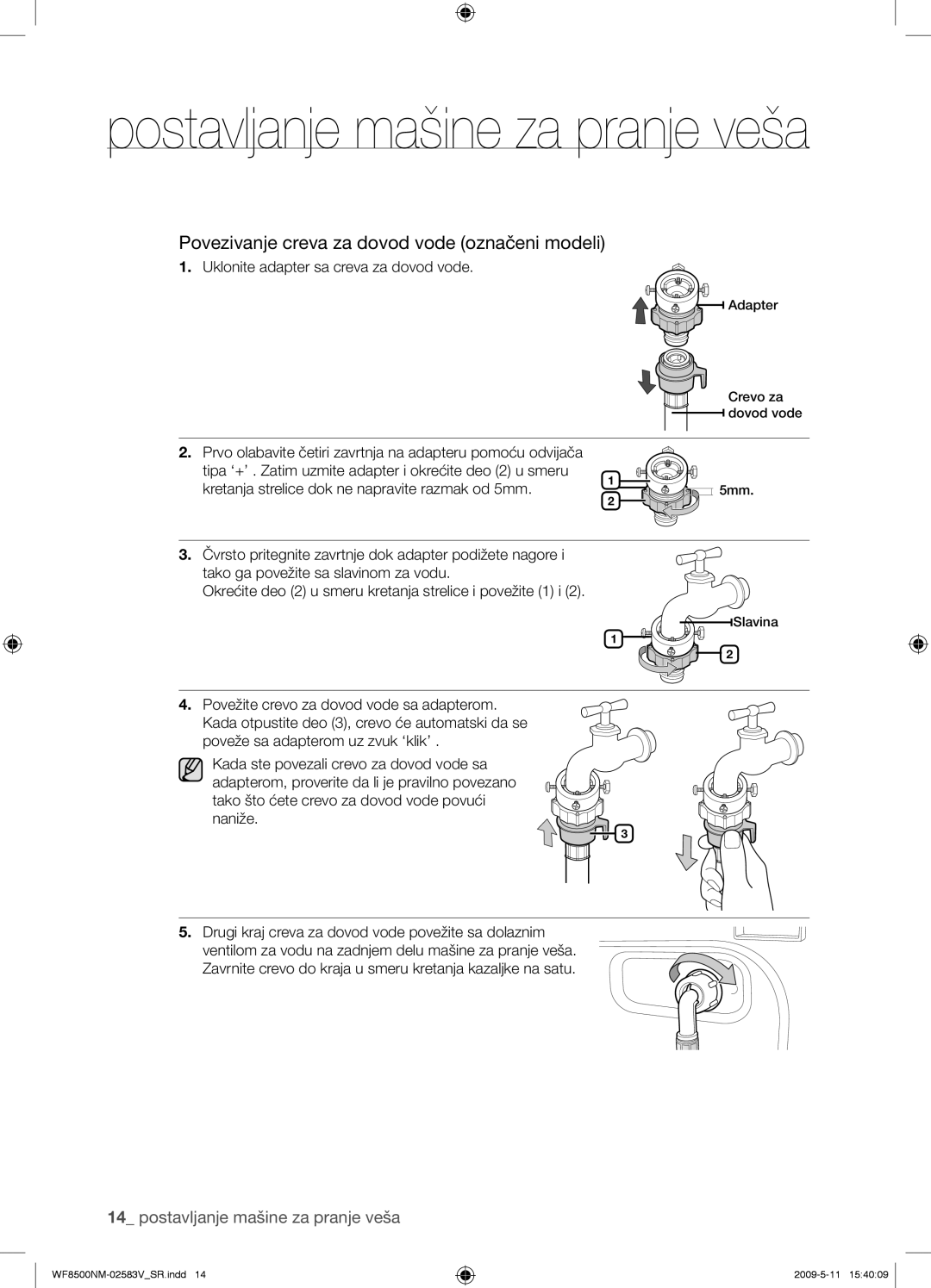 Samsung WF8508NMW8/XEH manual Povezivanje creva za dovod vode označeni modeli, Uklonite adapter sa creva za dovod vode 