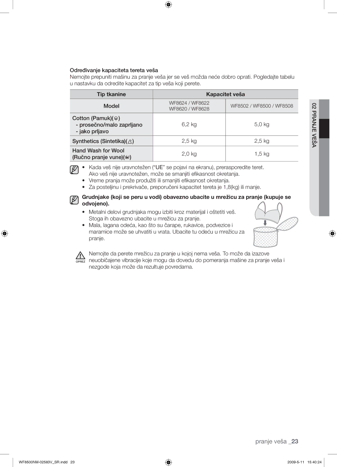 Samsung WF8500NMW8/XEH, WF8508NMW8/YLE, WF8500NMW8/YLE, WF8508NMW8/XEH manual Tip tkanine Kapacitet veša 