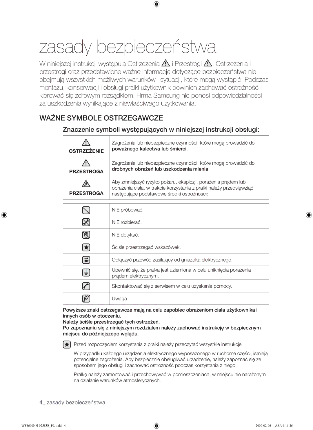 Samsung WF8508NMW8/YLE, WF8500NMW8/YLE manual Zasady bezpieczeństwa, Ważne Symbole Ostrzegawcze, Ostrzeżenie, Przestroga 