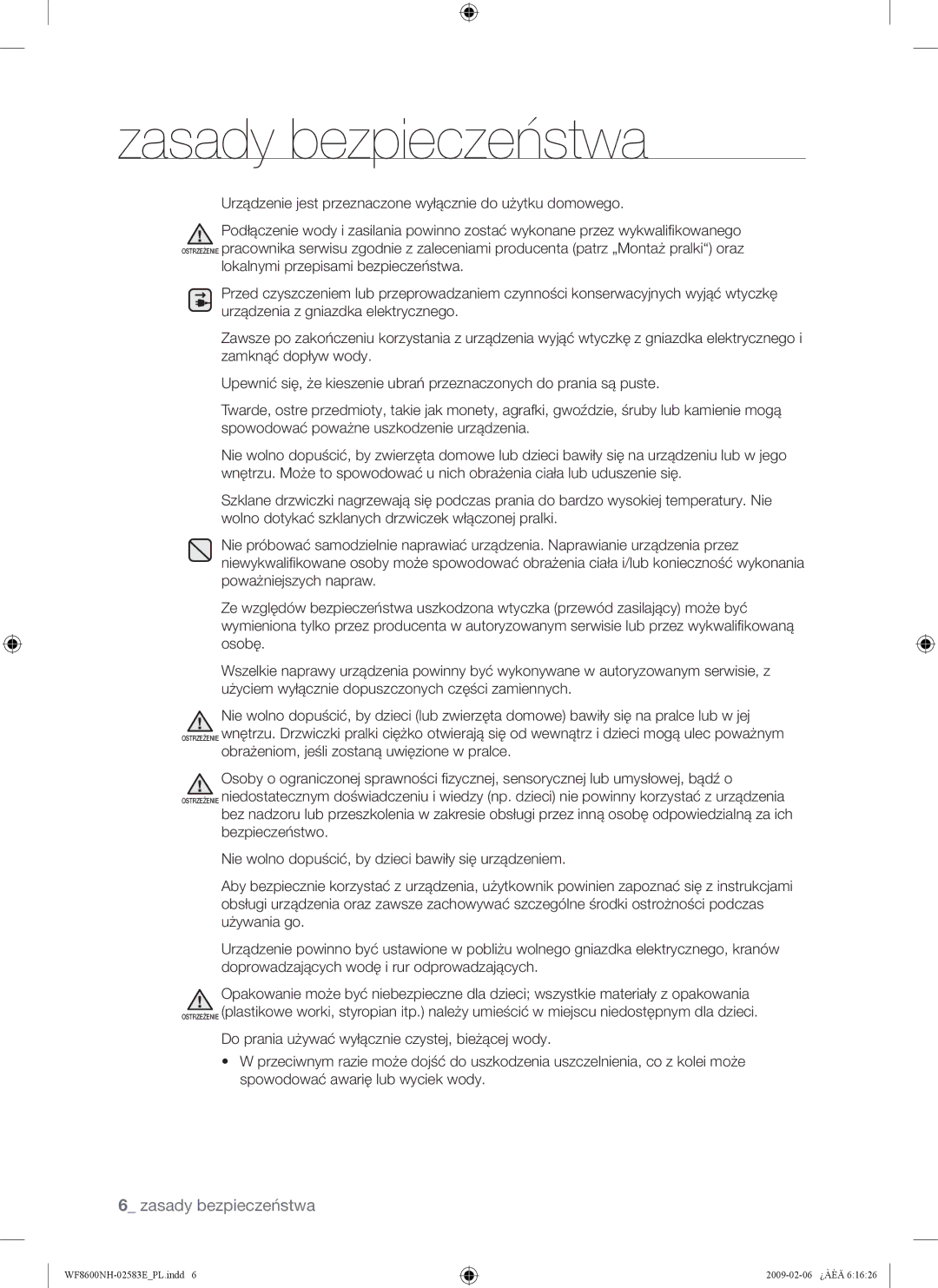 Samsung WF8508NMW/XEH, WF8508NMW8/YLE, WF8500NMW8/YLE manual Urządzenie jest przeznaczone wyłącznie do użytku domowego 