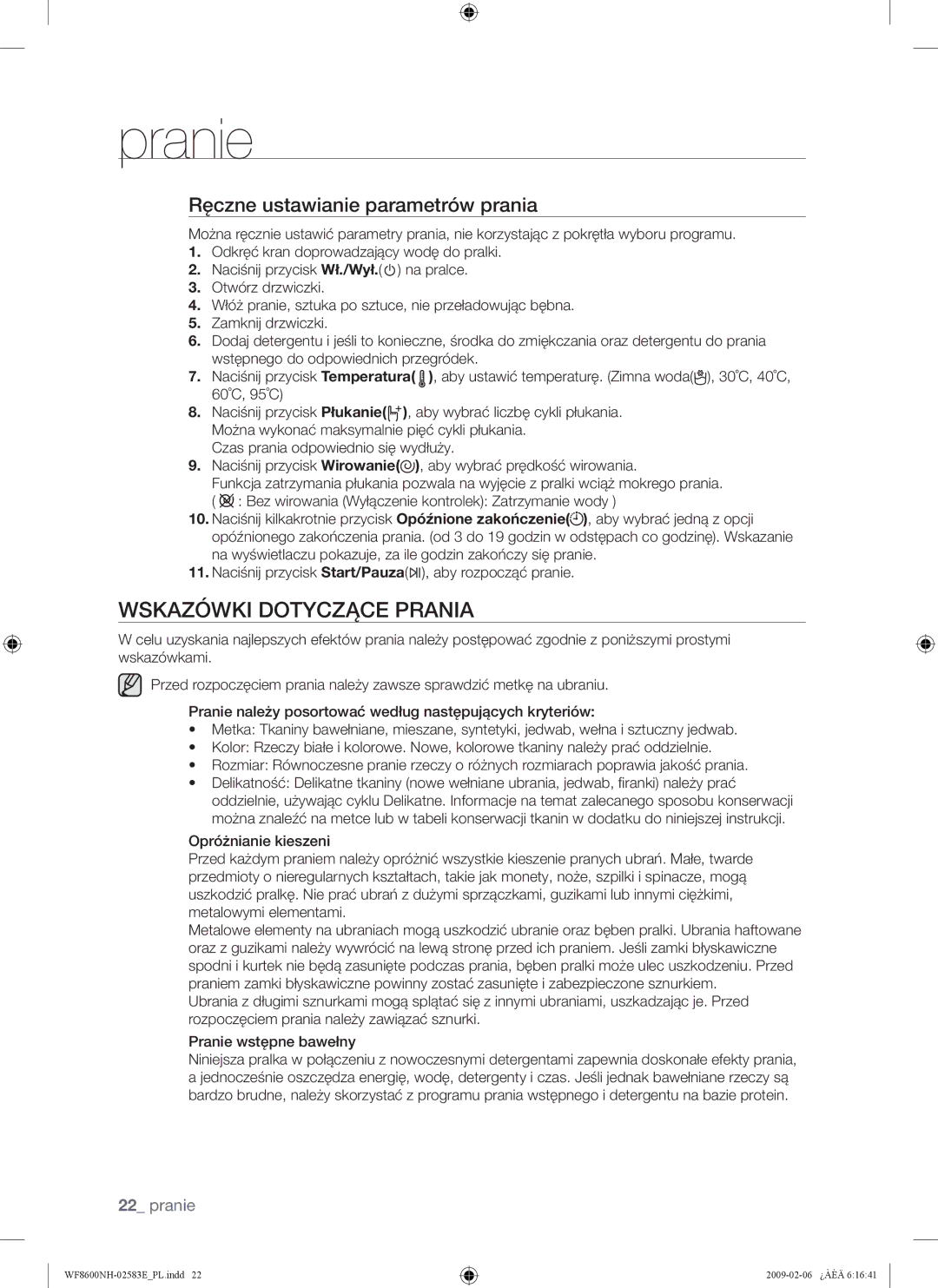 Samsung WF8508NMW/XEH, WF8508NMW8/YLE, WF8500NMW8/YLE manual Wskazówki Dotyczące Prania, Ręczne ustawianie parametrów prania 