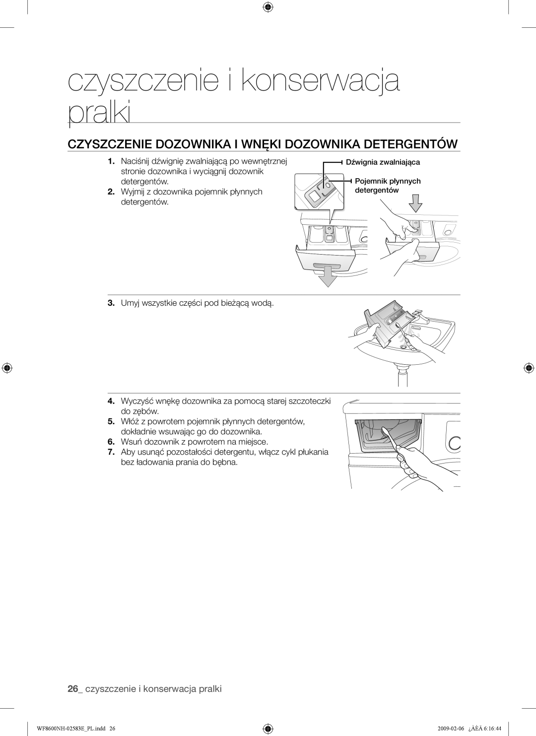 Samsung WF8502NMW/XEH, WF8508NMW8/YLE, WF8500NMW8/YLE, WF8508NMW/XEH Czyszczenie Dozownika I Wnęki Dozownika Detergentów 