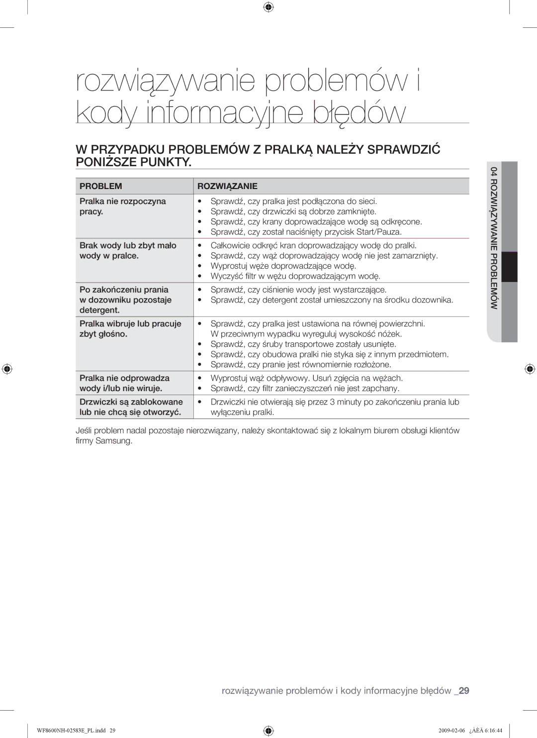 Samsung WF8500NMW8/YLE, WF8508NMW8/YLE manual Rozwiązywanie problemów i kody informacyjne błędów, Problem Rozwiązanie 