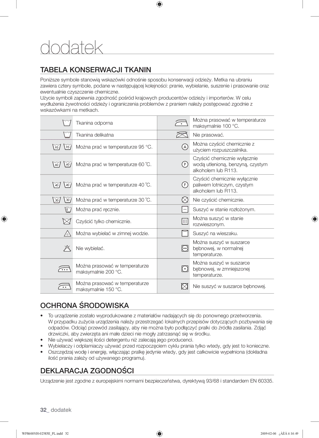 Samsung WF8508NMW8/XEH, WF8508NMW8/YLE, WF8500NMW8/YLE Tabela Konserwacji Tkanin, Ochrona Środowiska, Deklaracja Zgodności 