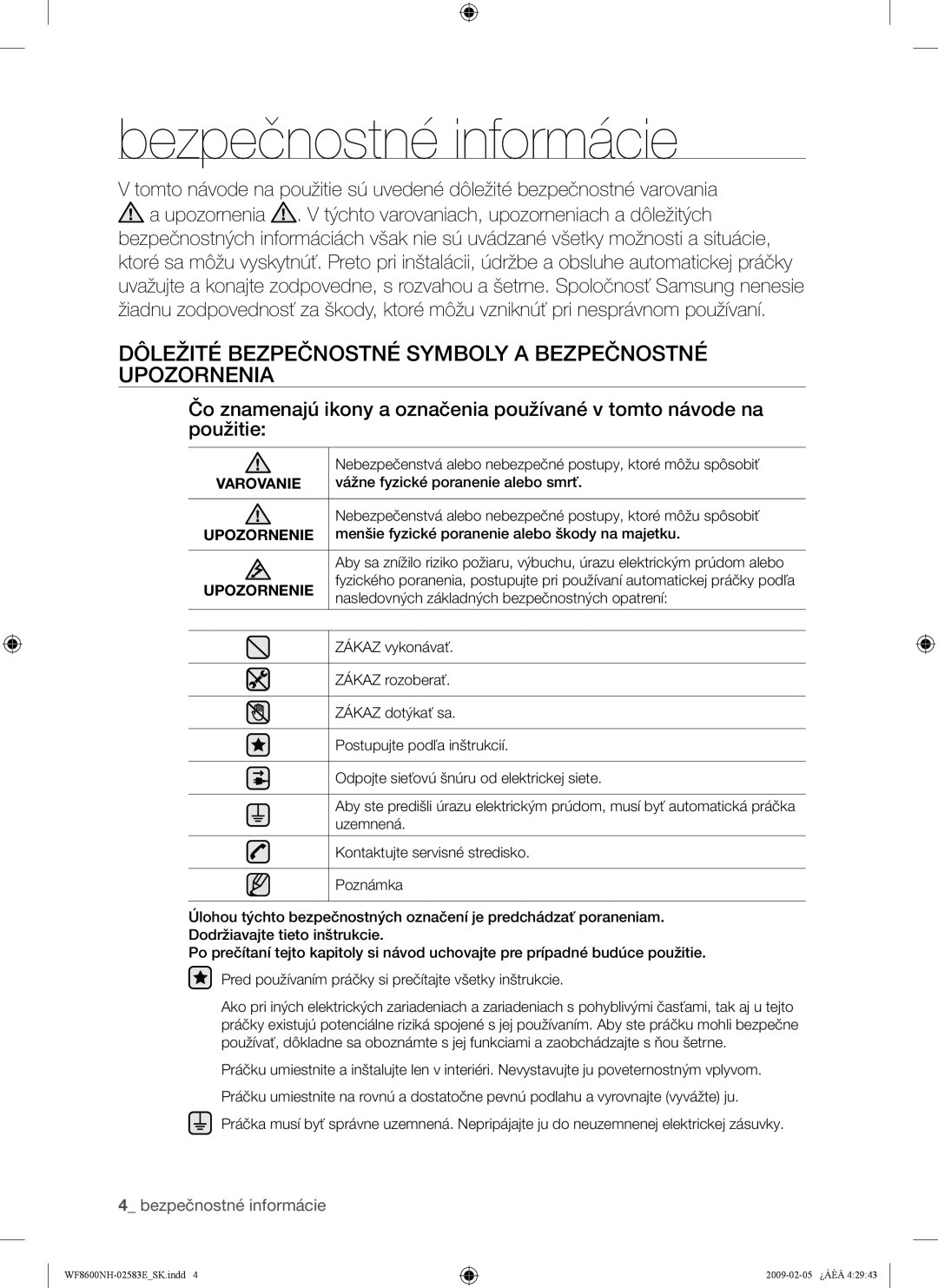 Samsung WF8508NMW8/XEH manual Bezpečnostné informácie, Dôležité Bezpečnostné Symboly a Bezpečnostné Upozornenia, Varovanie 