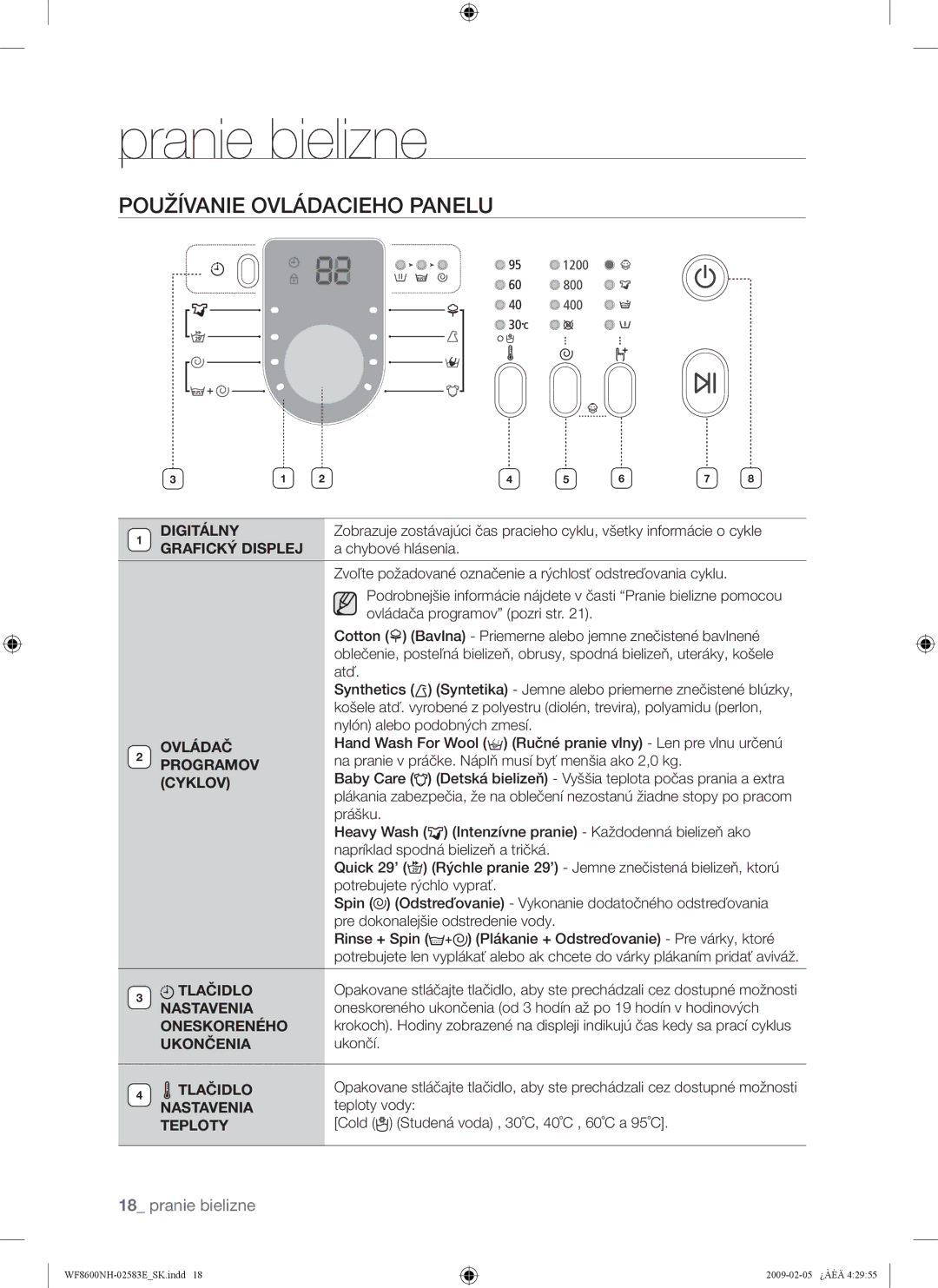 Samsung WF8508NMW/XEH, WF8508NMW8/YLE, WF8500NMW8/YLE, WF8600NHW/XEH, WF8508NMW8/XEH manual Používanie Ovládacieho Panelu 