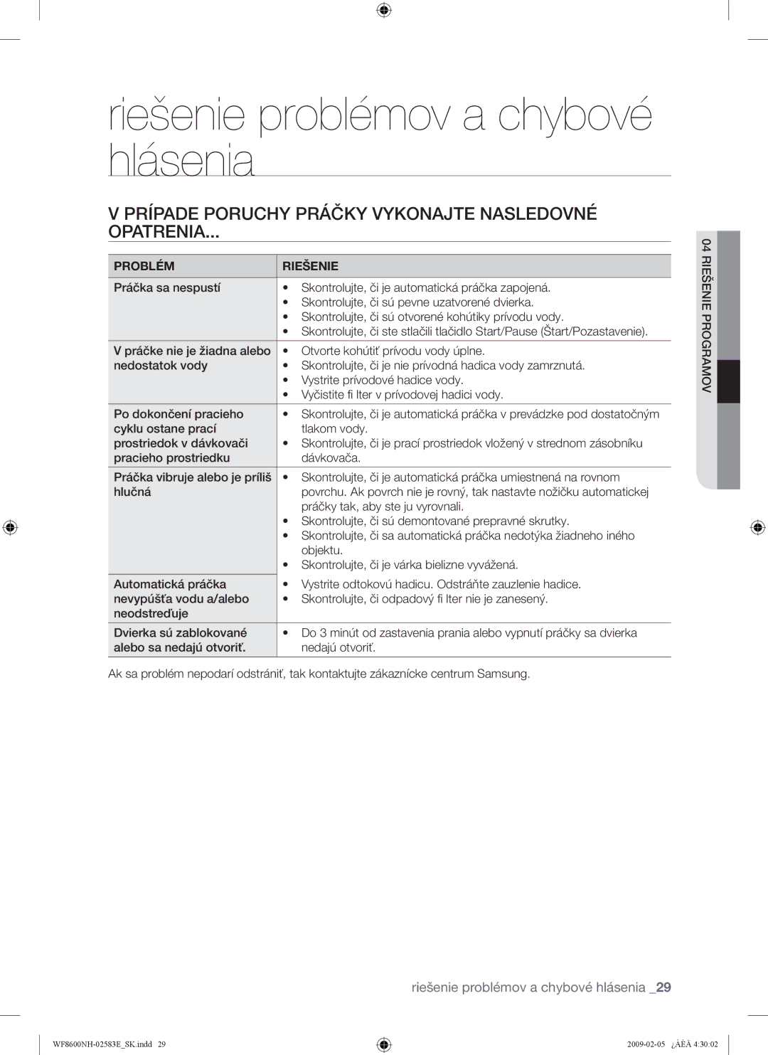 Samsung WF8500NMW/XEH manual Riešenie problémov a chybové hlásenia, Prípade Poruchy Práčky Vykonajte Nasledovné Opatrenia 