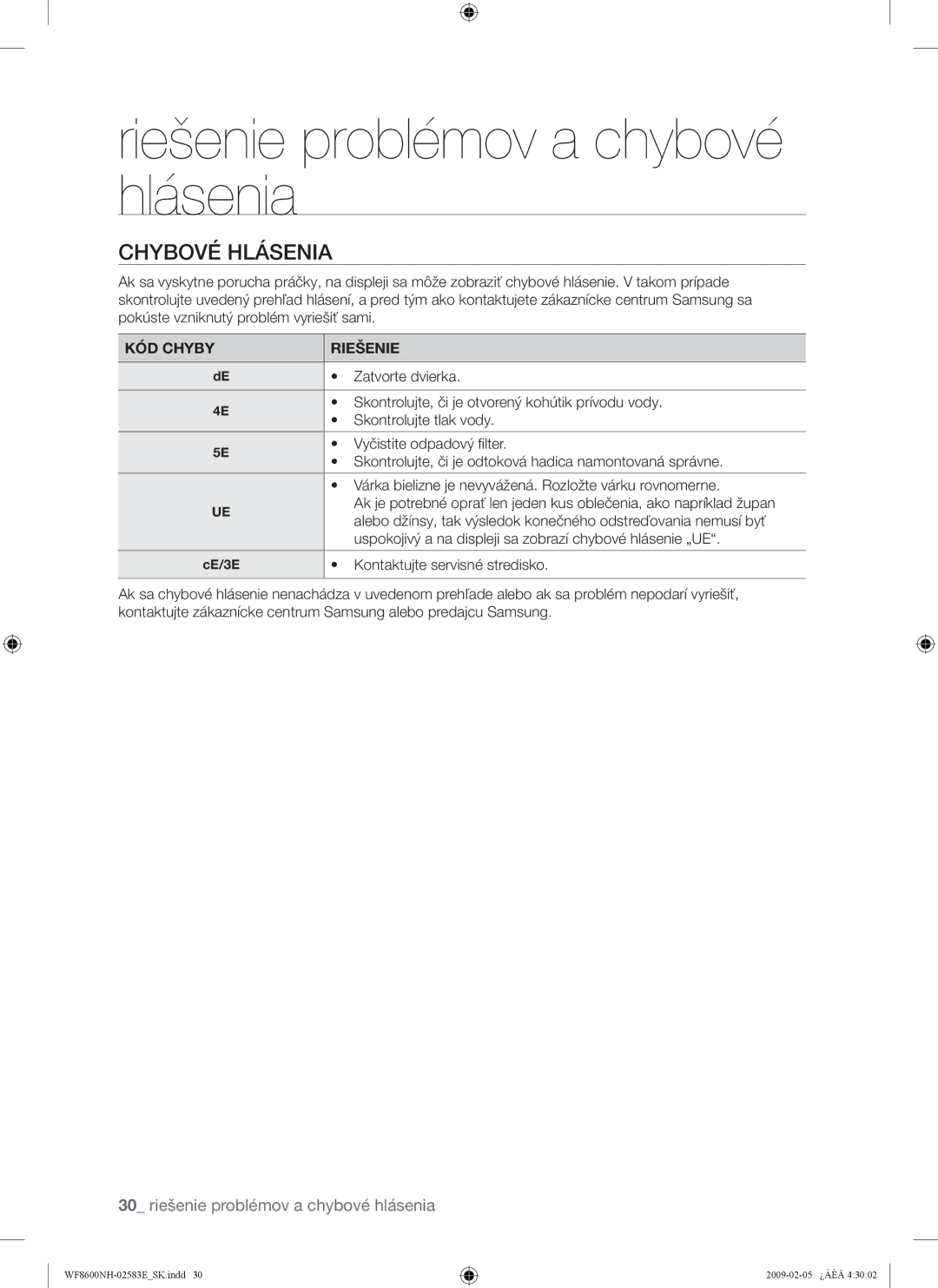 Samsung WF8502NMW/XEH, WF8508NMW8/YLE, WF8500NMW8/YLE, WF8508NMW/XEH, WF8600NHW/XEH manual Chybové Hlásenia, KÓD Chyby Riešenie 