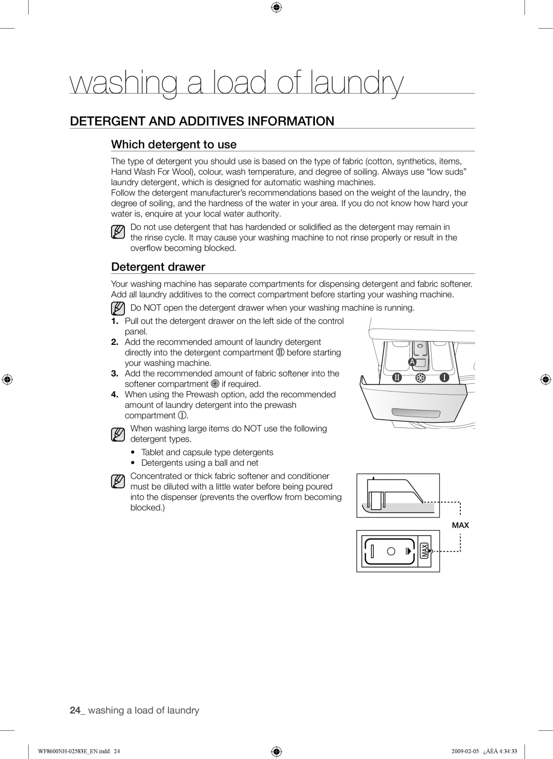 Samsung WF8508NMW8/YLE, WF8500NMW8/YLE manual Detergent and Additives Information, Which detergent to use, Detergent drawer 