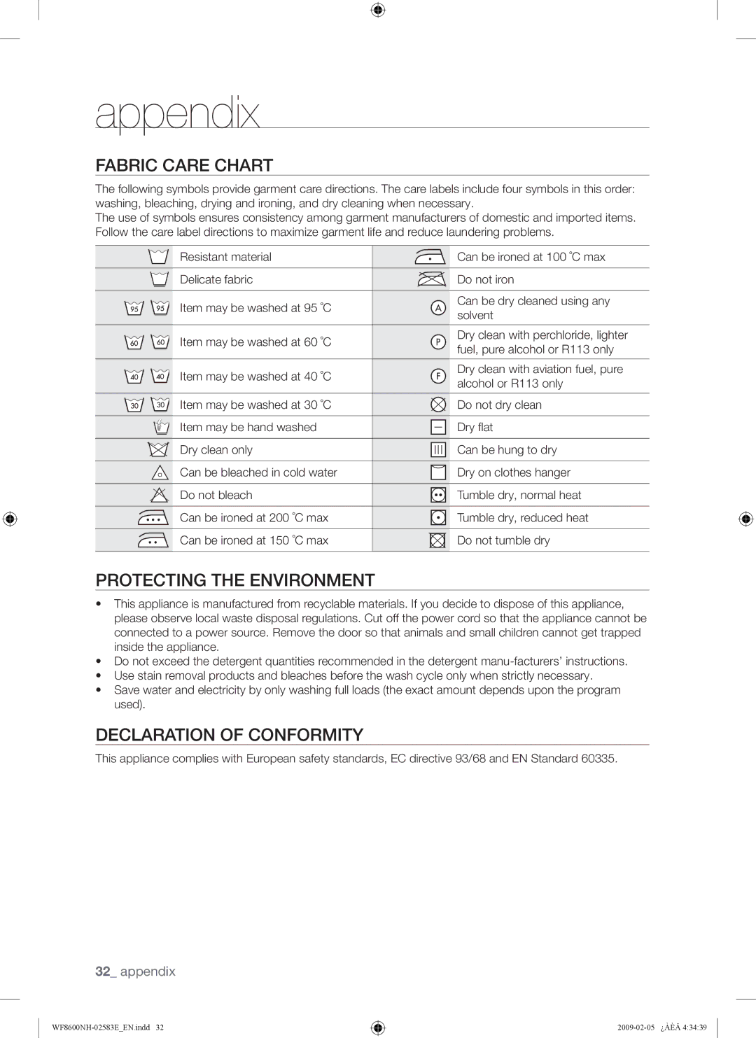 Samsung WF8508NMW8/YLE, WF8500NMW8/YLE Appendix, Fabric Care Chart, Protecting the Environment, Declaration of Conformity 