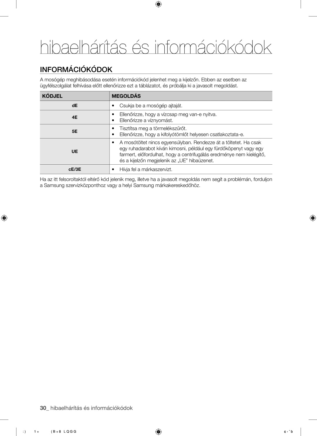 Samsung WF8508NMW/XEH, WF8508NMW8/YLE, WF8500NMW8/YLE Hibaelhárítás és információkódok, Információkódok, Kódjel Megoldás 