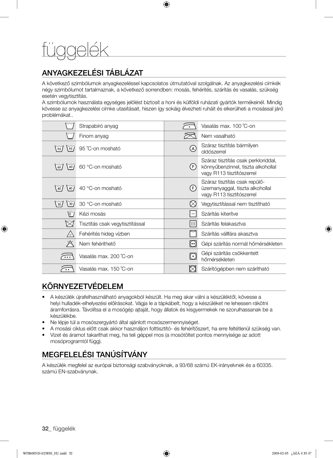 Samsung WF8508NMW8/XEH, WF8508NMW8/YLE manual Függelék, Anyagkezelési Táblázat, Környezetvédelem, Megfelelési Tanúsítvány 