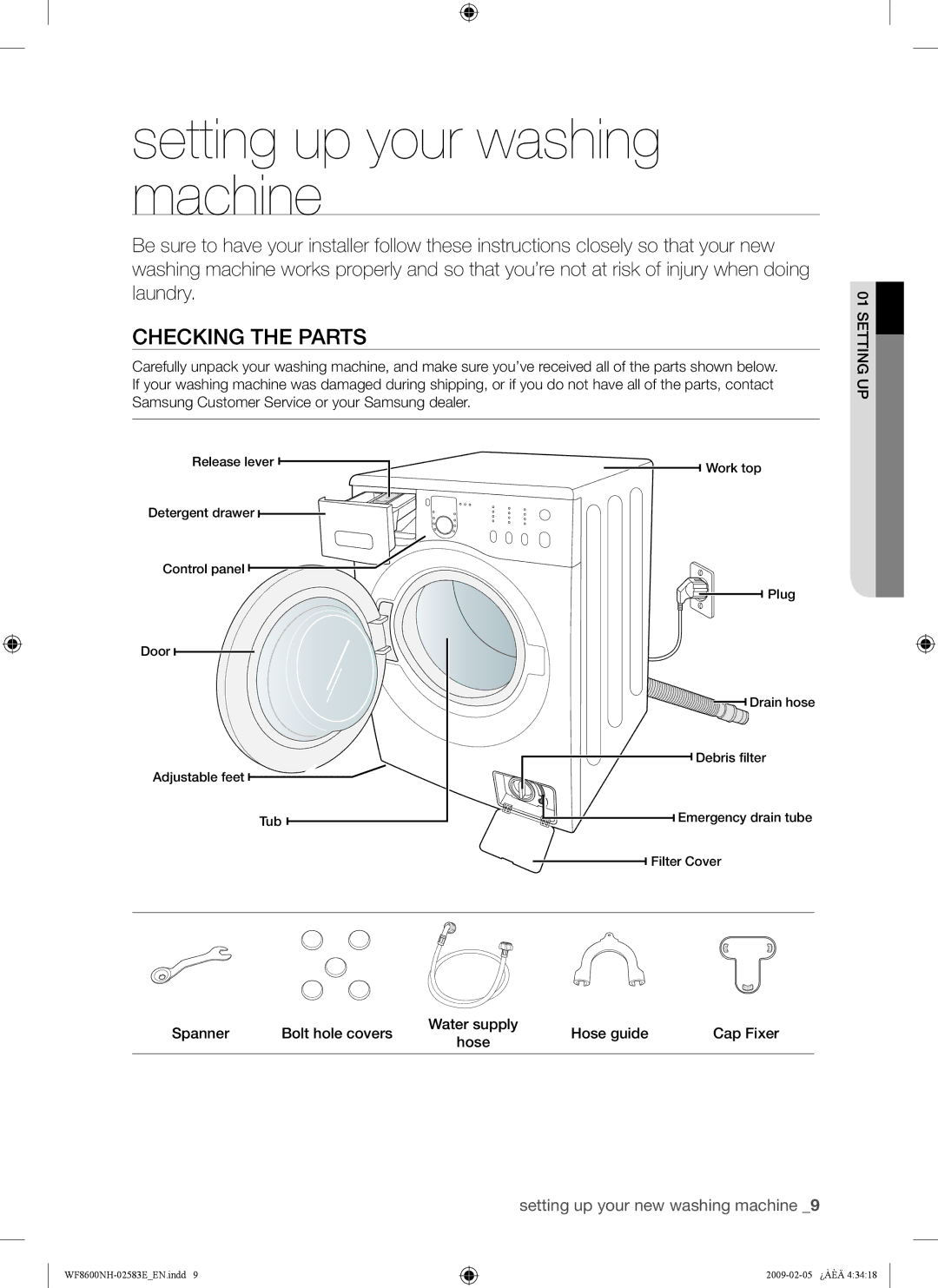 Samsung WF8500NMW8/YLE, WF8508NMW8/YLE, WF8508NMW/XEH, WF8600NHW/XEH Setting up your washing machine, Checking the Parts 