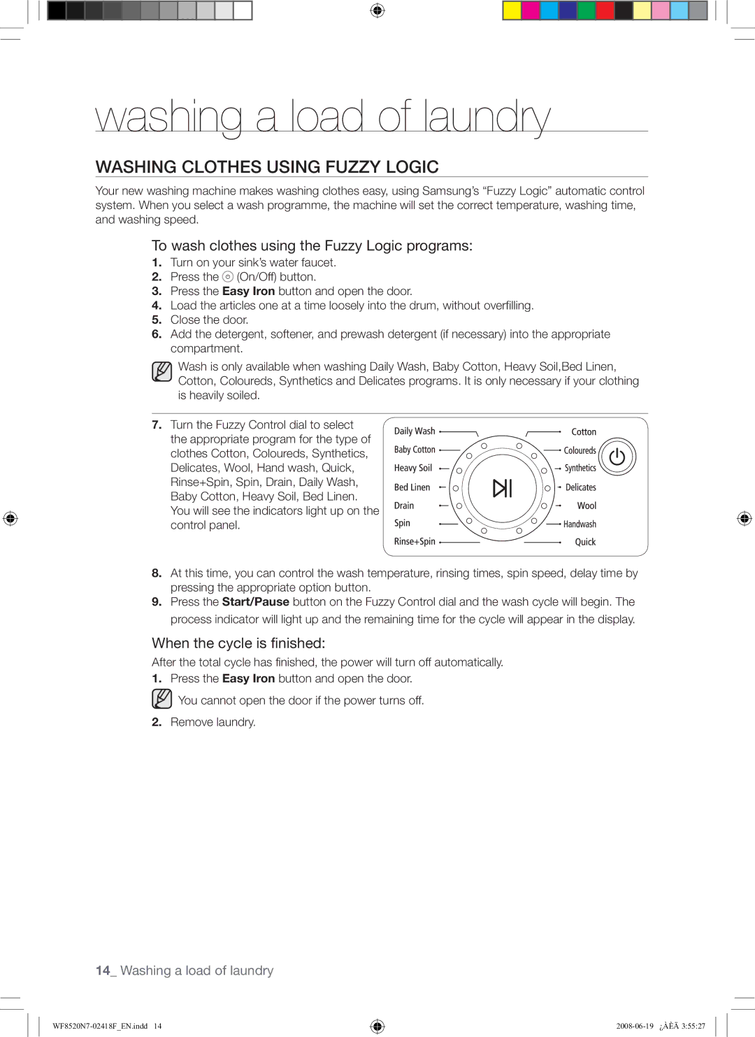 Samsung WF8520N7W/YLE, WF8528N7W/YLE manual Washing Clothes Using Fuzzy Logic, Remove laundry 