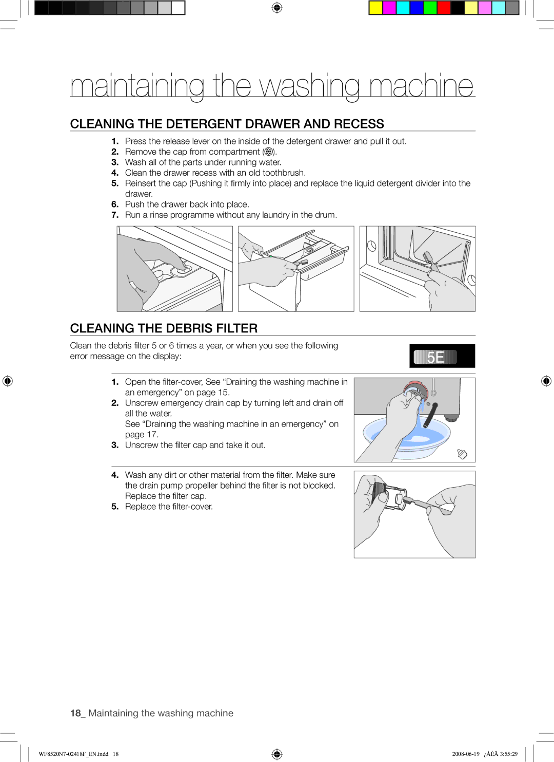 Samsung WF8520N7W/YLE, WF8528N7W/YLE manual Cleaning the Detergent Drawer and Recess, Cleaning the Debris Filter 