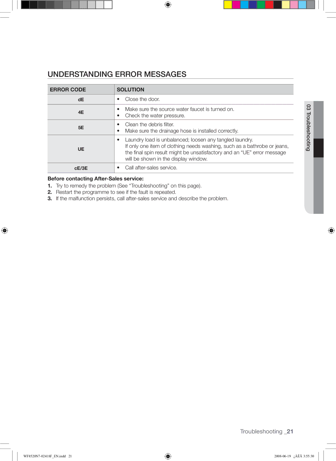 Samsung WF8528N7W/YLE, WF8520N7W/YLE manual Understanding Error Messages, Before contacting After-Sales service 